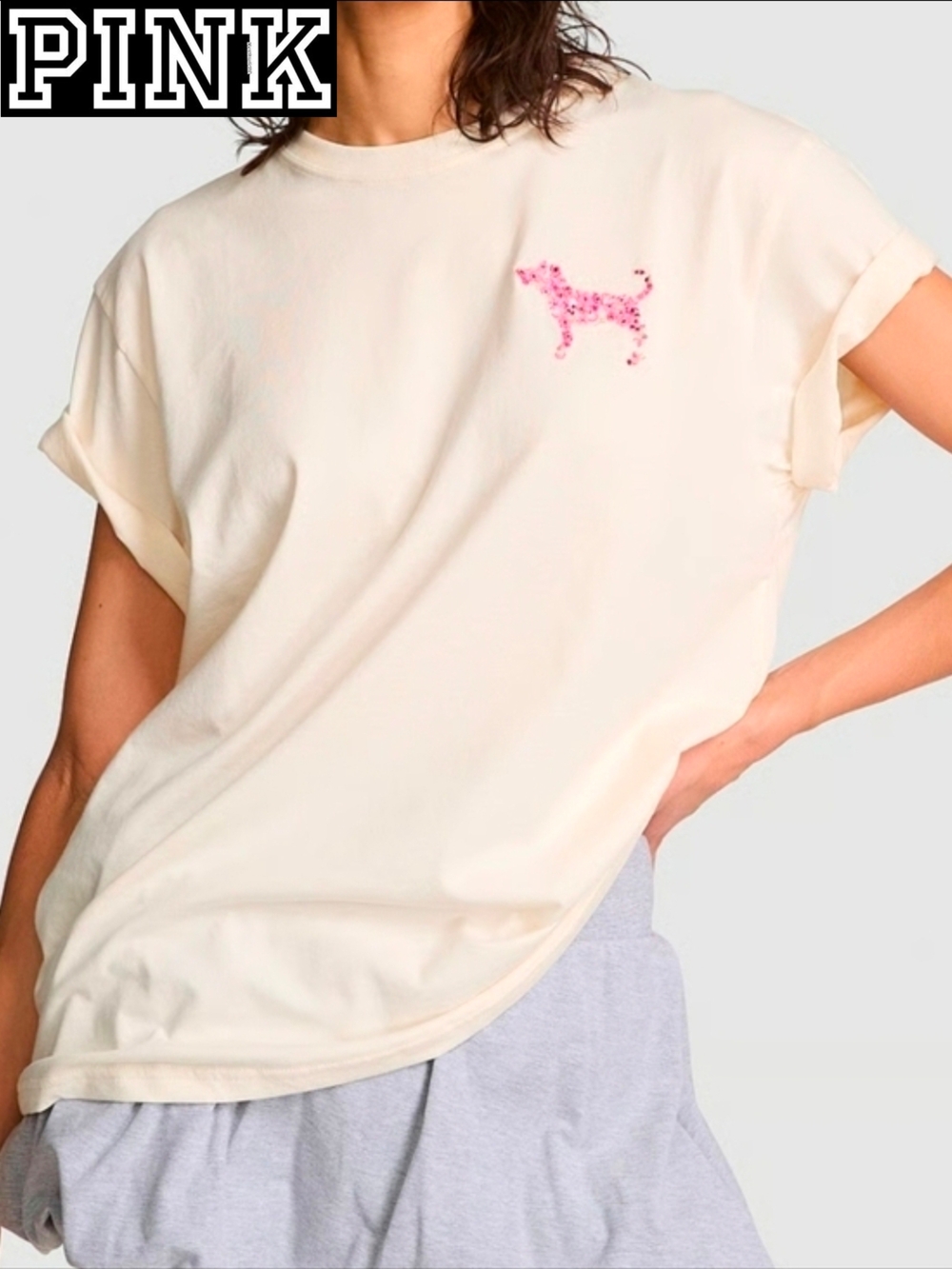 PINK Victoria's Secret Winter White Campus Cotton T-Shirt - Winter White